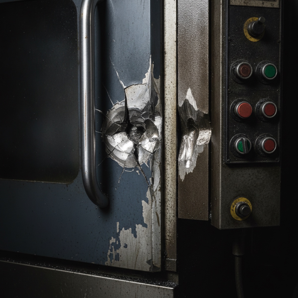Impact damage on a CNC machine panel — a dent and cracked paint
