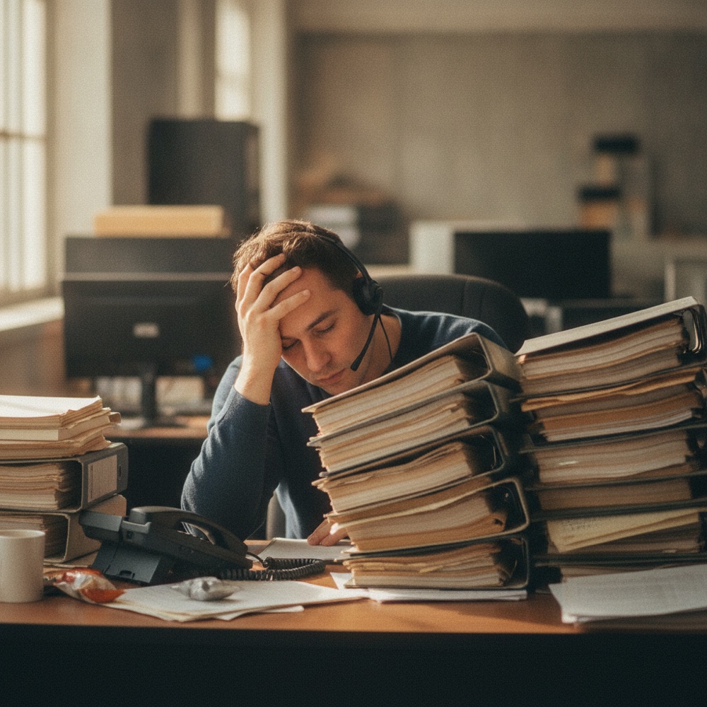 An overwhelmed support engineer surrounded by stacks of paper manuals