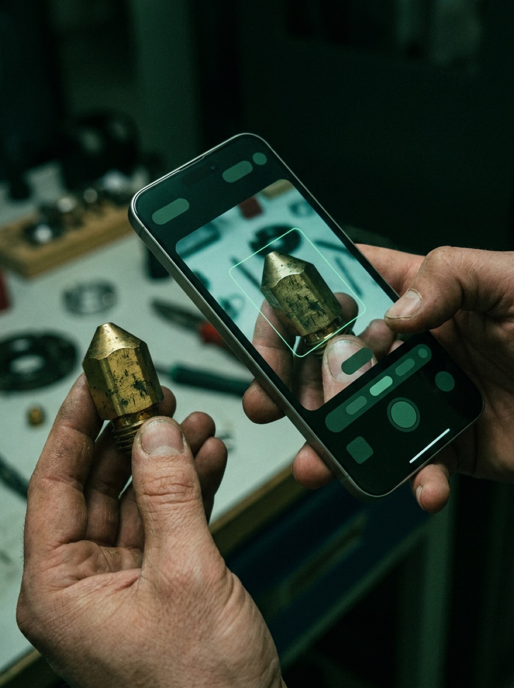 Avuç içinde aşınmış pirinç bir nozül, telefon kamerasıyla tanınıyor