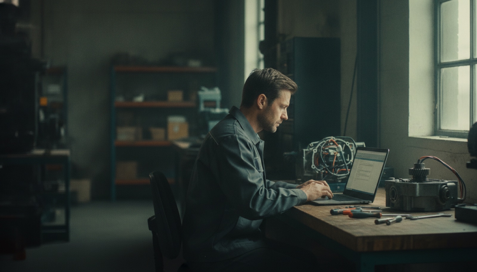 A service technician studying a repair guide on a laptop at a workbench